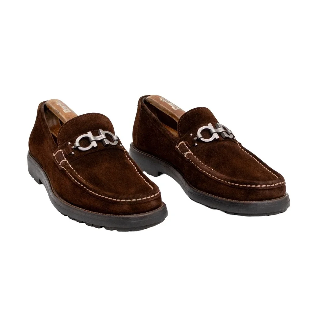 $849.00! Salvatore Ferragamo Gancini Logo Suede Loafers Brown Men's US 8.5 D